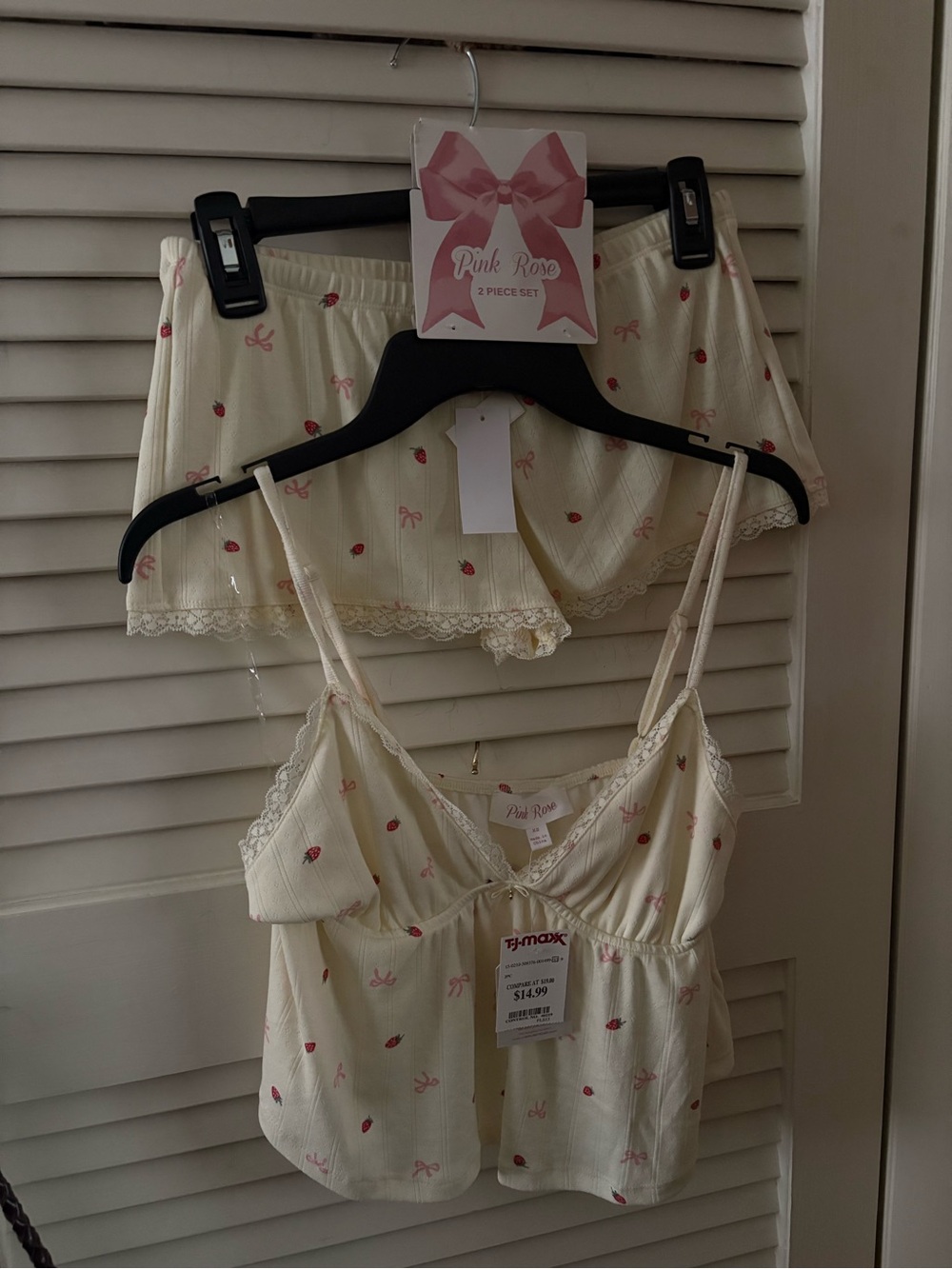 Pink Rose Cream Cami & Shorts Set with Strawberry Print
